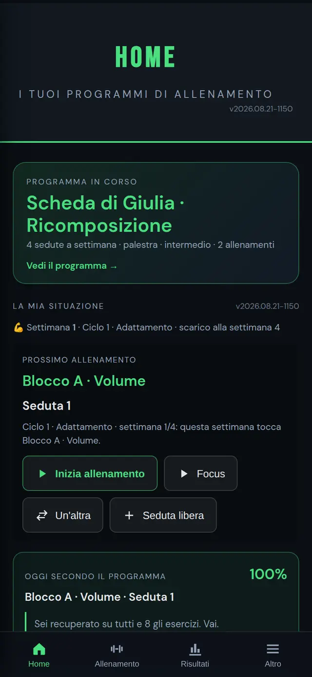 La schermata iniziale dell'app: il programma in corso, a che settimana sei e il prossimo allenamento da fare.