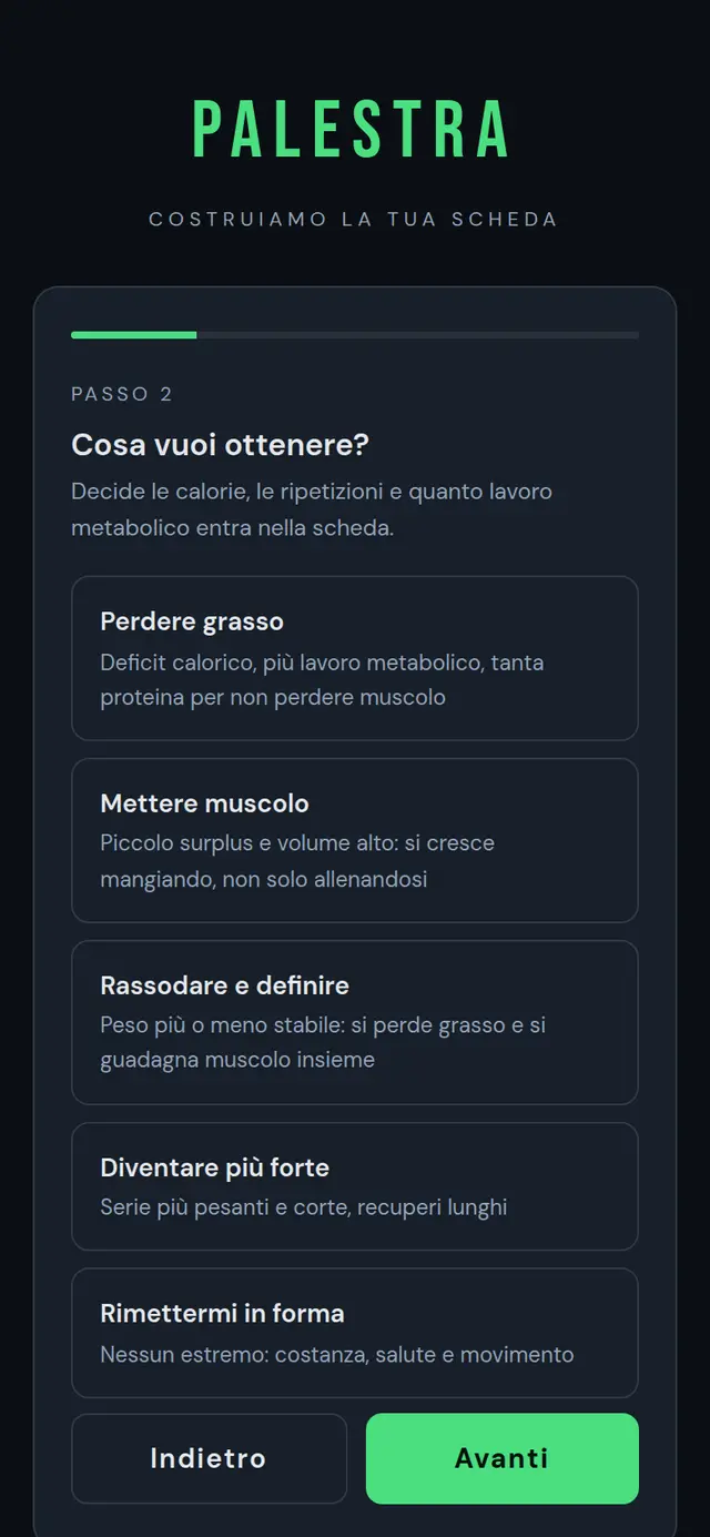 Il questionario: la domanda sull'obiettivo, con le risposte a pulsante.